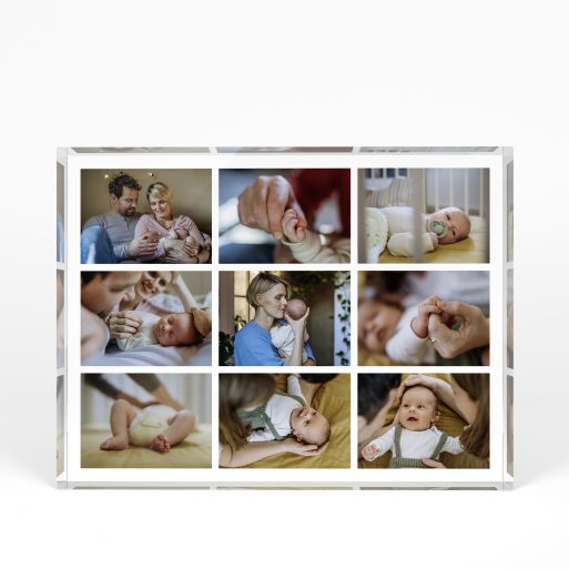 A front side view of a landscape layout Perspex Photo Blocks with space for 9 photos. Thiis design is named "9-fold". 