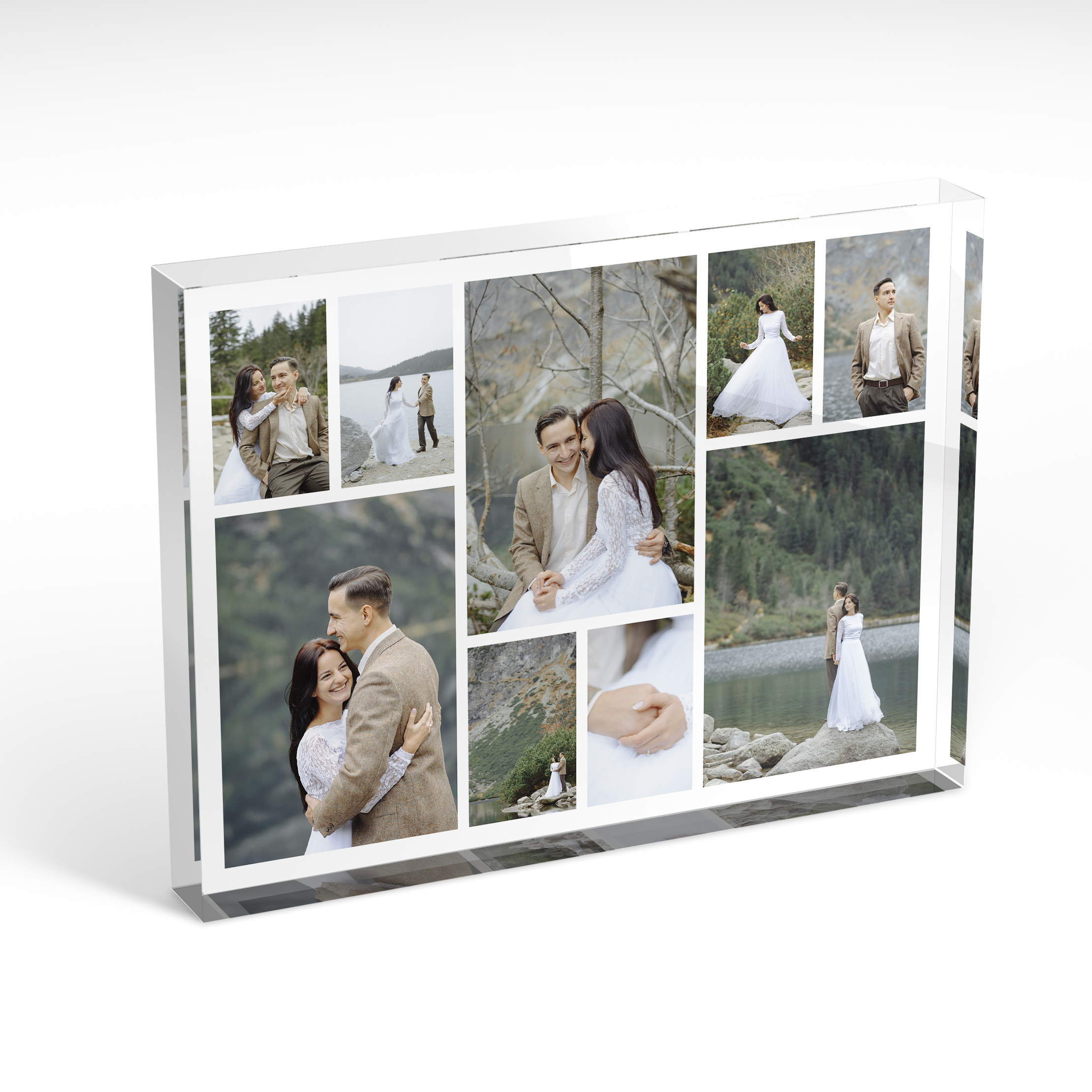 An angled side view of a landscape layout Perspex Photo Blocks with space for 9 photos. Thiis design is named "Spread Montage". 