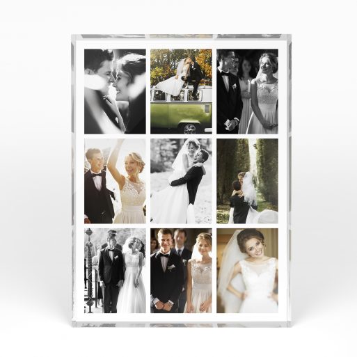 A front side view of a portrait layout Acrylic Glass Photo Block with space for 9 photos. Thiis design is named "A Love Story". 