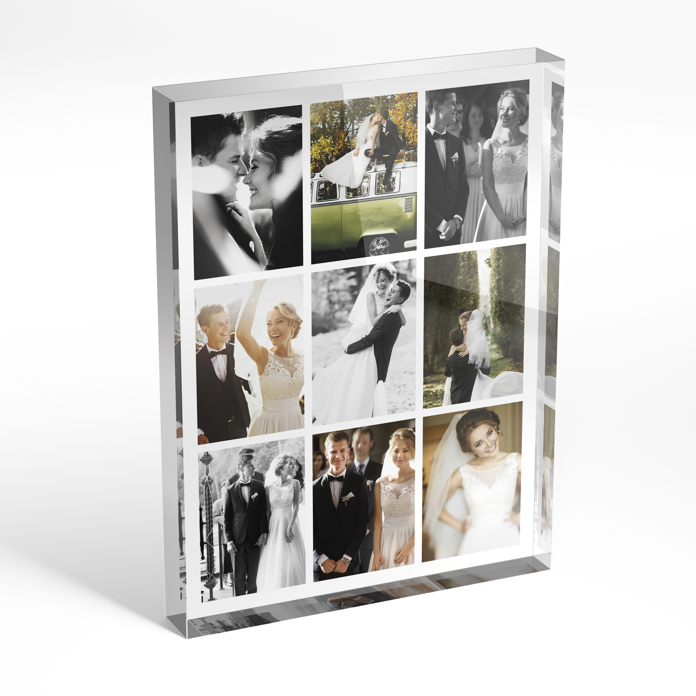An angled side view of a portrait layout Acrylic Glass Photo Block with space for 9 photos. Thiis design is named "A Love Story". 