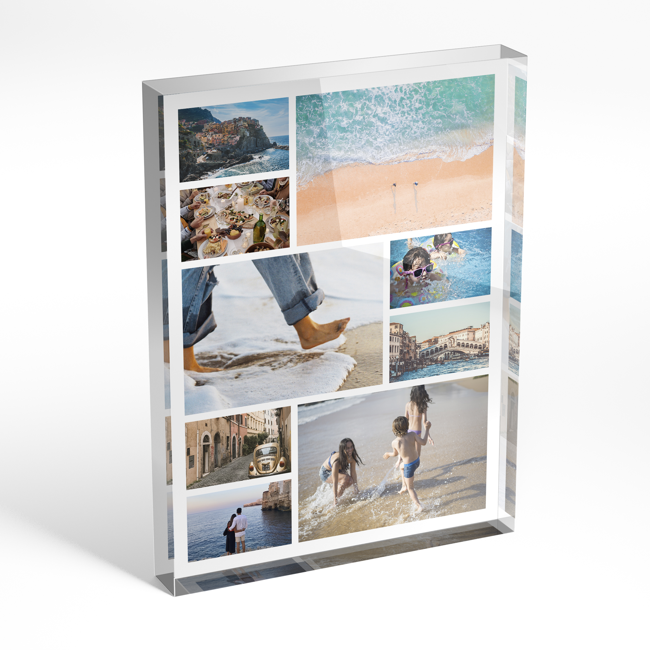 An angled side view of a portrait layout Acrylic Glass Photo Block with space for 9 photos. Thiis design is named "Festive Harmony". 