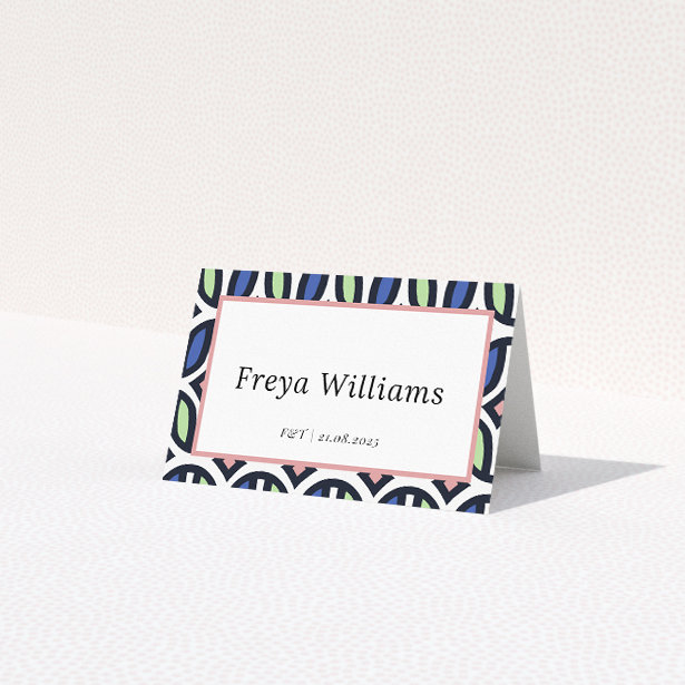 90s Wedding Place Cards - Retro Geometric Patterns Design. This is a third view of the front