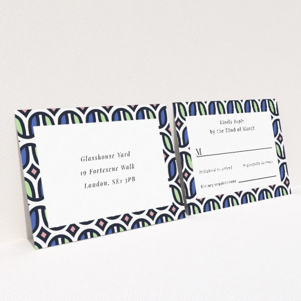 RSVP card with playful geometric patterns in cool blues, soft pinks, and muted greens, capturing the retro charm of the '90s with a contemporary twist for a cohesive wedding stationery experience This is a view of the back