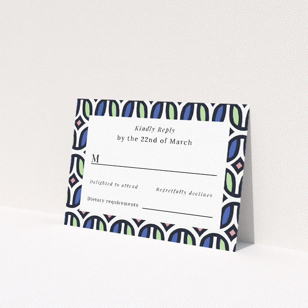 RSVP card with playful geometric patterns in cool blues, soft pinks, and muted greens, capturing the retro charm of the '90s with a contemporary twist for a cohesive wedding stationery experience This is a view of the front