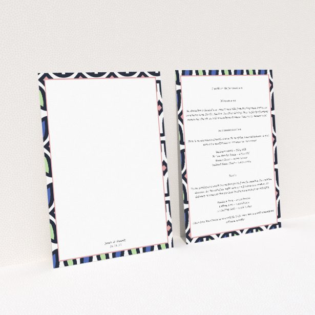 "90s wedding information insert card featuring playful nod to retro charm with vibrant geometric patterns, ideal for couples seeking vintage flair with a contemporary twist.". This image shows the front and back sides together