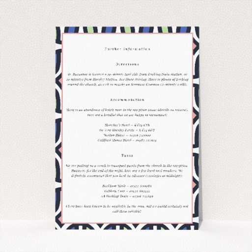 "90s wedding information insert card featuring playful nod to retro charm with vibrant geometric patterns, ideal for couples seeking vintage flair with a contemporary twist.". This is a view of the front