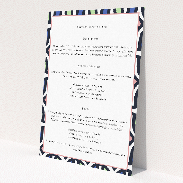 '90s wedding information insert card featuring playful nod to retro charm with vibrant geometric patterns, ideal for couples seeking vintage flair with a contemporary twist.'. This is a view of the front