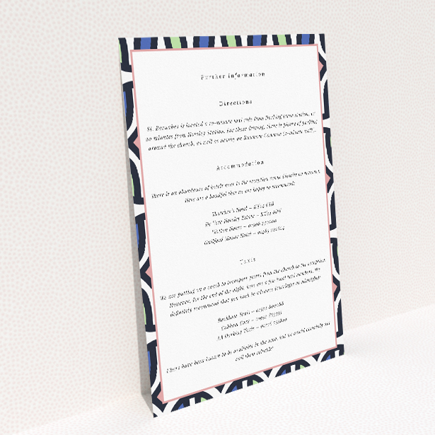 "90s wedding information insert card featuring playful nod to retro charm with vibrant geometric patterns, ideal for couples seeking vintage flair with a contemporary twist.". This image shows the front and back sides together