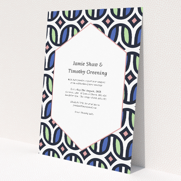 90s wedding invitation with playful geometric pattern background in cool blues, soft pinks, and muted greens, encapsulating retro charm with a contemporary twist This is a view of the front