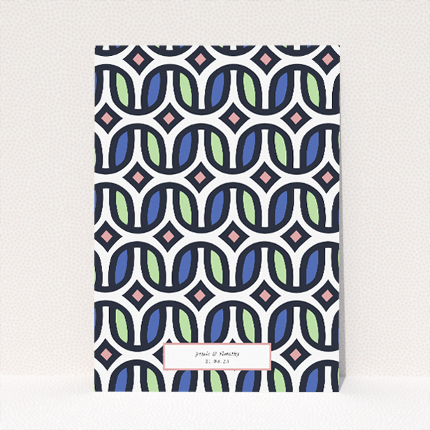 90s wedding invitation with playful geometric pattern background in cool blues, soft pinks, and muted greens, encapsulating retro charm with a contemporary twist This image shows the front and back sides together