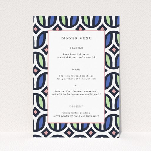90s wedding menu template with vibrant geometric patterns in cool blues, soft pinks, and muted greens, perfect for couples seeking a unique statement for their special day, embodying nostalgic flair with a contemporary edge This is a view of the front