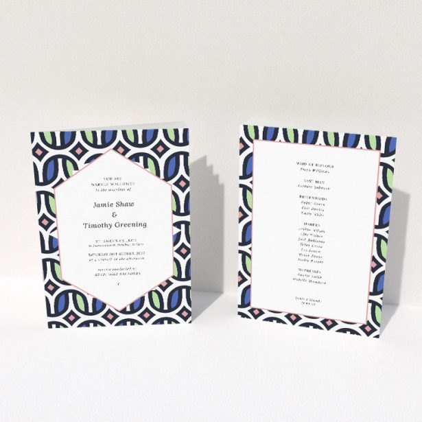 Retro-inspired '90s' Wedding Order of Service A5 booklet design featuring a vibrant geometric pattern border in navy, coral, and mint, evoking nostalgia with a modern twist This image shows the front and back sides together