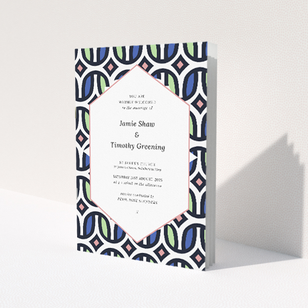 Retro-inspired '90s' Wedding Order of Service A5 booklet design featuring a vibrant geometric pattern border in navy, coral, and mint, evoking nostalgia with a modern twist This image shows the front and back sides together