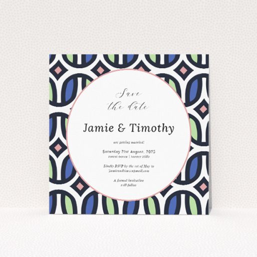 90s wedding save the date card featuring a playful geometric background in navy, peach, and sage green, reminiscent of the vibrant colours and bold patterns of the era, perfect for couples seeking a stylish and whimsically nostalgic announcement for their wedding event This is a view of the front