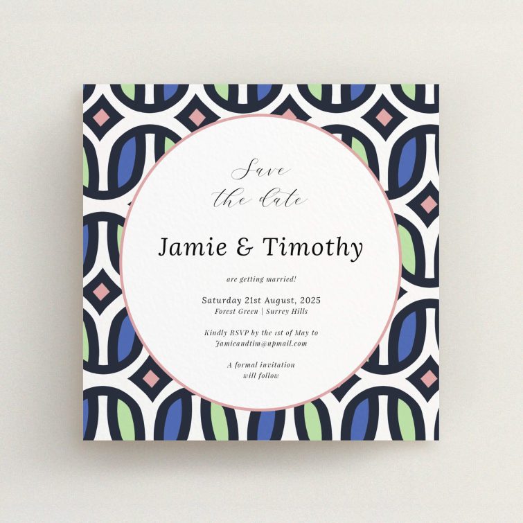 90s wedding save the date card featuring a playful geometric background in navy, peach, and sage green, reminiscent of the vibrant colours and bold patterns of the era, perfect for couples seeking a stylish and whimsically nostalgic announcement for their wedding event This is a view of the front