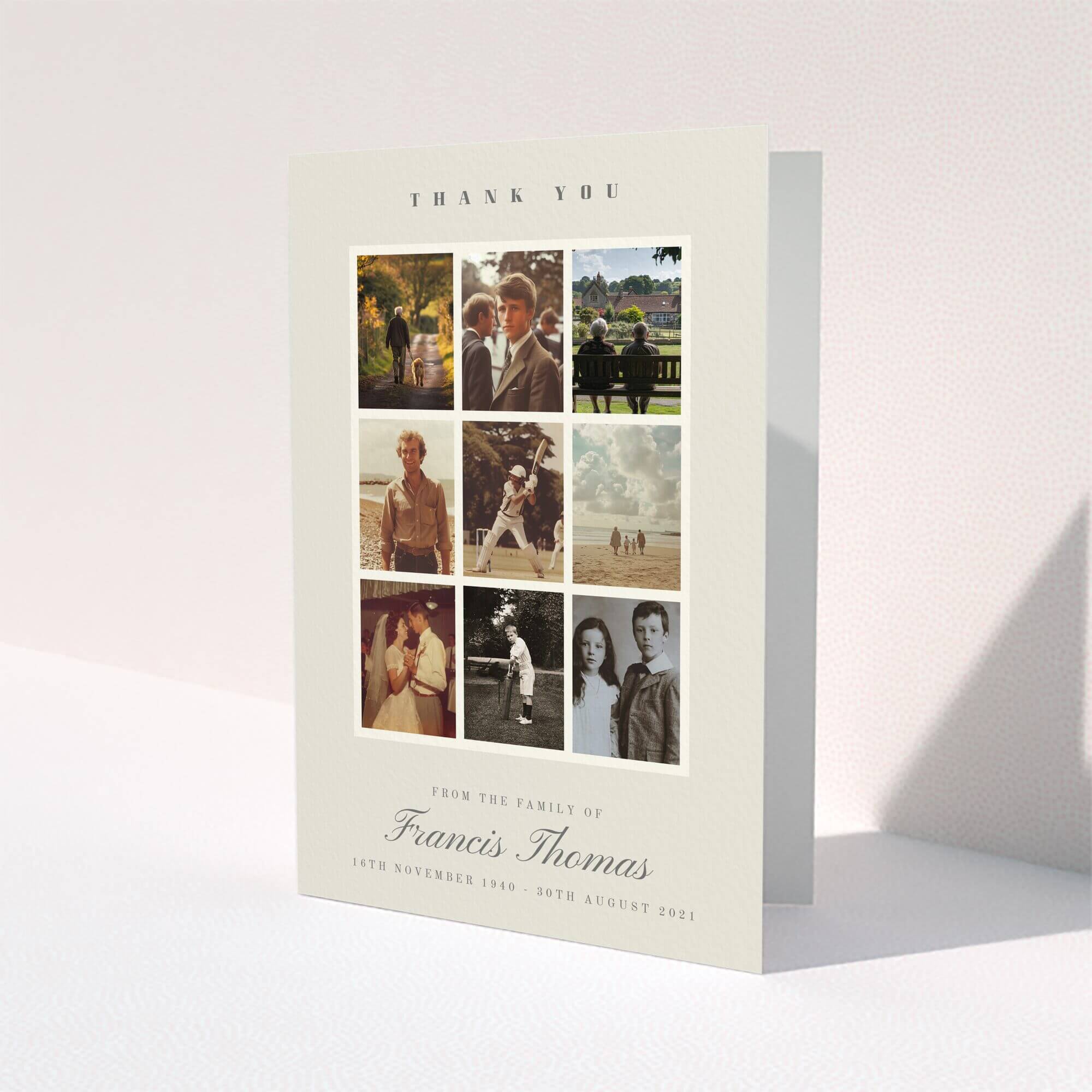 Funeral thank you card with nine photos arranged in a grid design