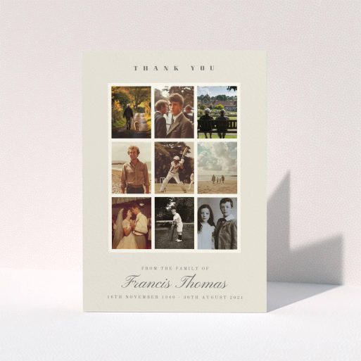 Funeral thank you card with nine photos arranged in a grid design