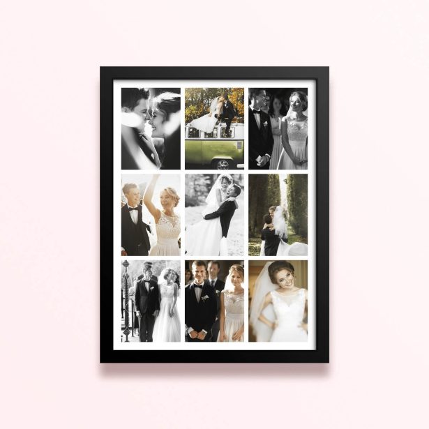 Simple framed prints designs featuring nine wedding photos in a grid layout