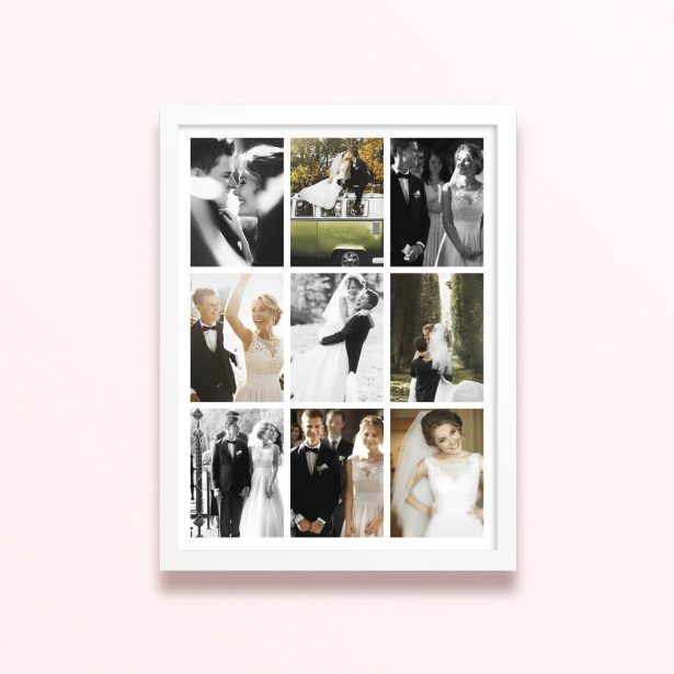 Simple framed prints designs featuring nine wedding photos in a grid layout