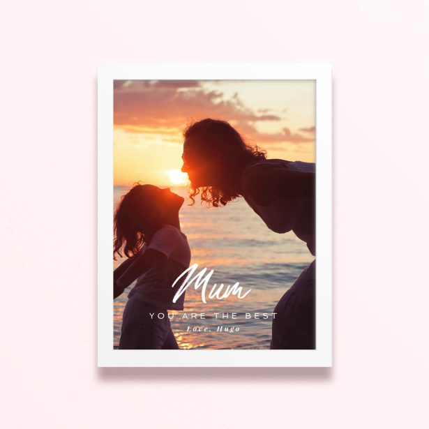 Simple framed prints designs with a mother and child photo at sunset