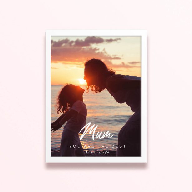 Simple framed prints designs with a mother and child photo at sunset