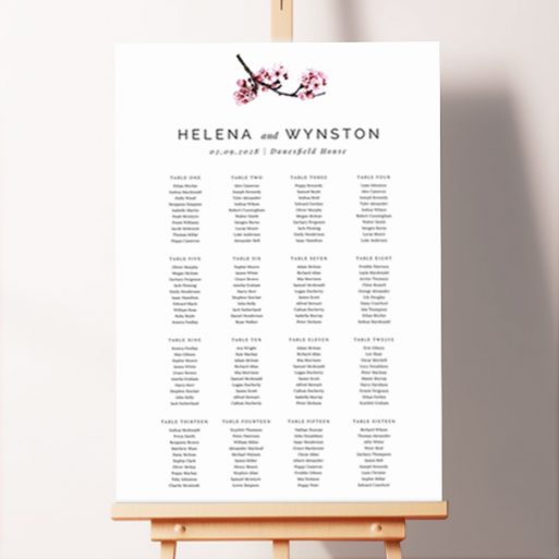 Seating Plans Board with A Side of Blossom design showcasing a beautifully painted pink blossom branch as its central motif, evoking the gentle allure of nature and making it a delightful choice for any celebration.. This design is formatted for 16 tables.