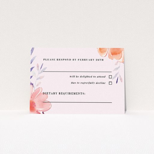 Above and Below RSVP card with watercolour blooms in soft peach, blush, and lavender hues, complementing the invitation's romantic aesthetic, perfect for couples seeking understated grace for their special day, setting a tone of floral beauty and harmony throughout the celebration This is a view of the front
