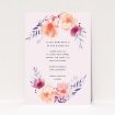"Above and Below wedding invitation featuring watercolour blooms in peach, blush, and lavender framing central text, ideal for couples seeking gentle floral elegance for their wedding celebration This is a view of the front
