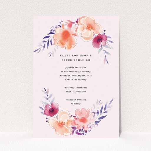 "Above and Below wedding invitation featuring watercolour blooms in peach, blush, and lavender framing central text, ideal for couples seeking gentle floral elegance for their wedding celebration This is a view of the front