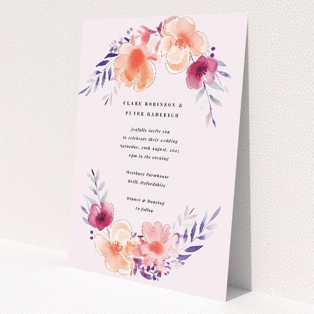 'Above and Below wedding invitation featuring watercolour blooms in peach, blush, and lavender framing central text, ideal for couples seeking gentle floral elegance for their wedding celebration This is a view of the front