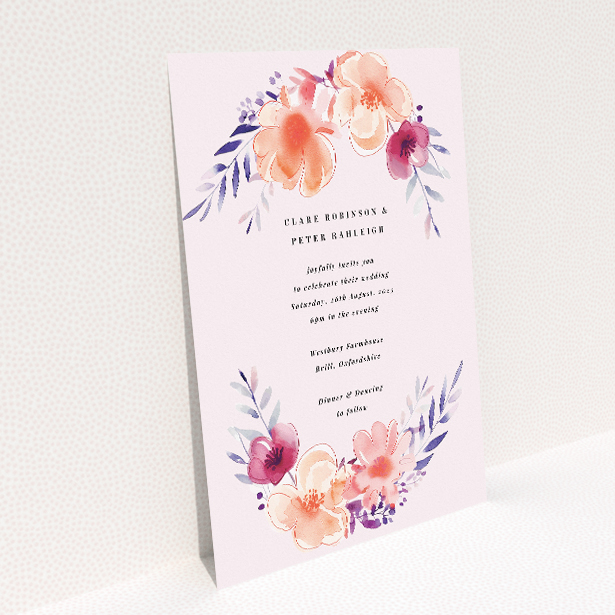 "Above and Below wedding invitation featuring watercolour blooms in peach, blush, and lavender framing central text, ideal for couples seeking gentle floral elegance for their wedding celebration This image shows the front and back sides together
