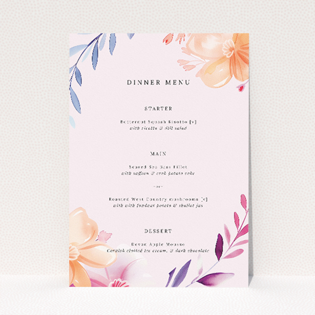 Above and Below wedding menu template - Soft peach, blush, and lavender watercolour blooms create a balance of floral beauty, complemented by classic and modern typography, offering gentle, understated elegance for couples' wedding day introduction This is a view of the front