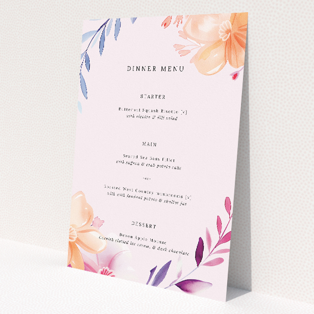 Above and Below wedding menu template - Soft peach, blush, and lavender watercolour blooms create a balance of floral beauty, complemented by classic and modern typography, offering gentle, understated elegance for couples' wedding day introduction This is a view of the front
