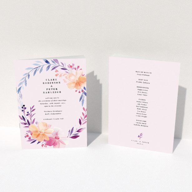 Above and Below Wedding Order of Service booklet with elegant floral illustrations cascading from top and blooming up from bottom in pastel blues, pinks, and oranges This image shows the front and back sides together