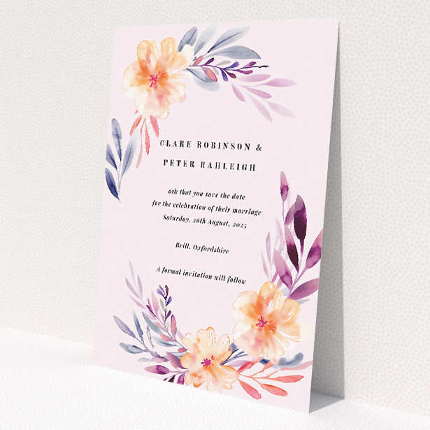 A6 portrait wedding save the date card with floral design in peach and lavender shades, exuding soft elegance and botanical beauty, ideal for announcing a special day with natural sophistication and charm This is a view of the back