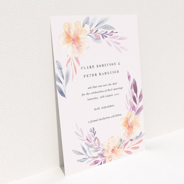 A6 portrait wedding save the date card with floral design in peach and lavender shades, exuding soft elegance and botanical beauty, ideal for announcing a special day with natural sophistication and charm This is a view of the back