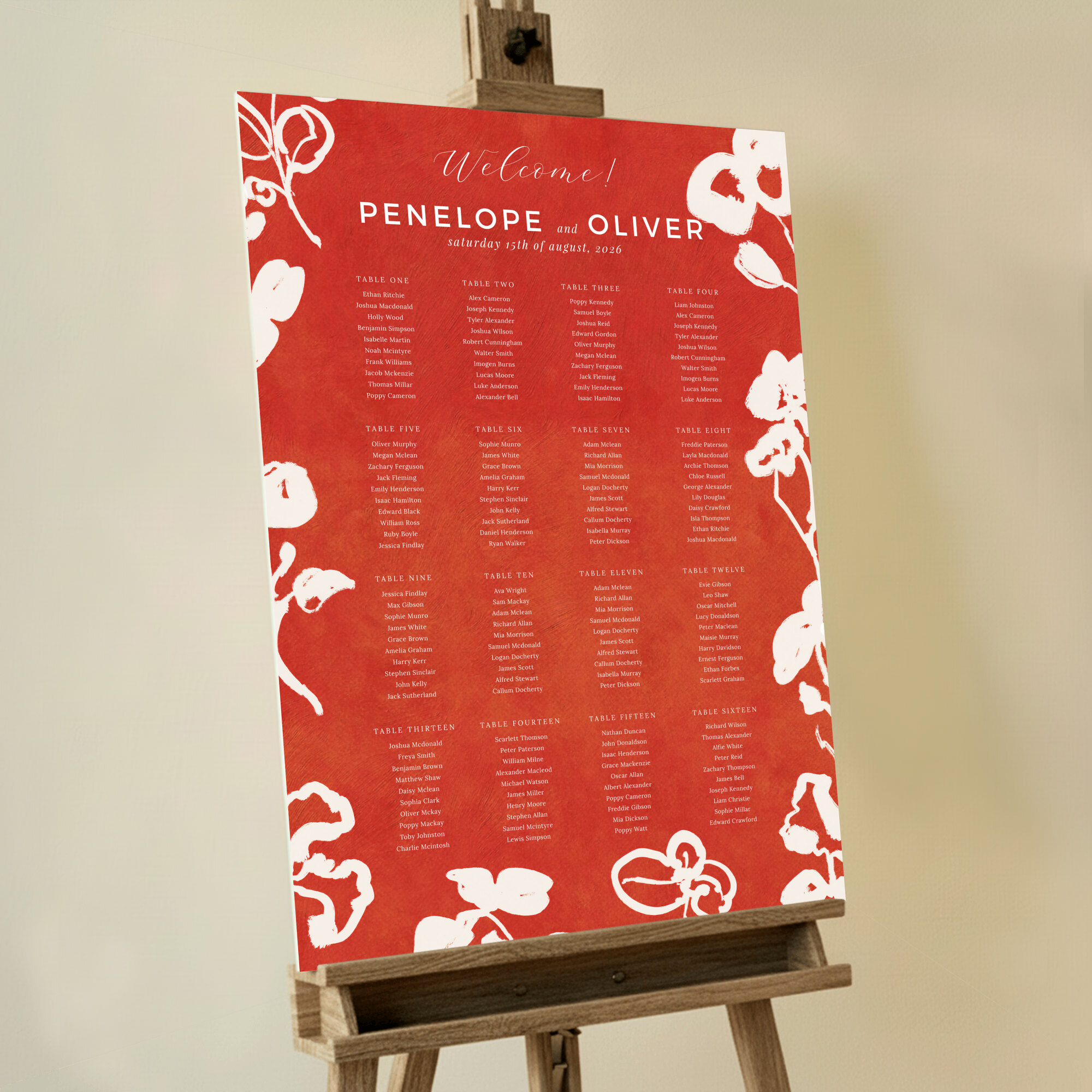 Modern Abstract Blooms Foamex Seating Plan featuring a textured red background adorned with bold abstract flowers, creating a vibrant and modern atmosphere that will impress your guests and elevate your wedding decor.. This one has 16 tables.