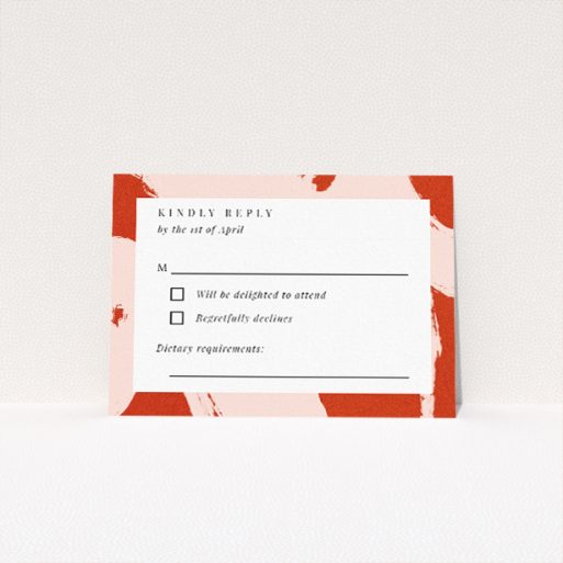 RSVP card template with bold terracotta palette and abstract floral brushstrokes, offering contemporary sophistication for modern couples This is a view of the front
