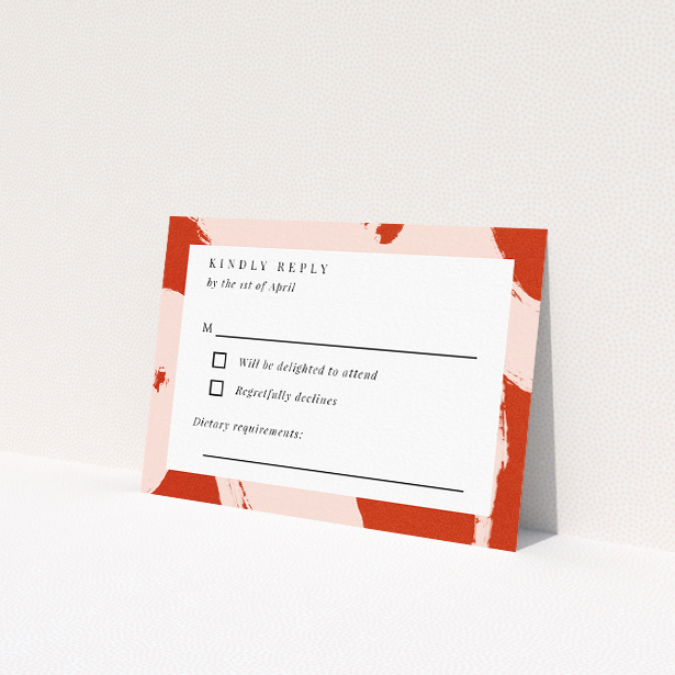 RSVP card template with bold terracotta palette and abstract floral brushstrokes, offering contemporary sophistication for modern couples This is a view of the back