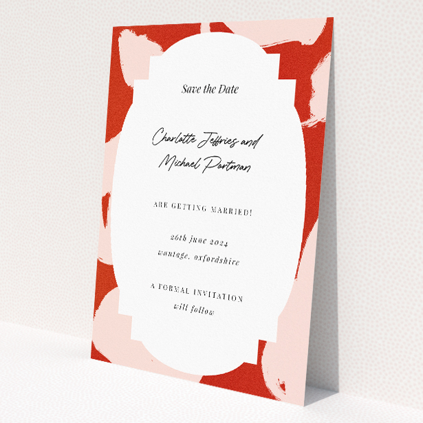 Abstract Blooms Save the Date card - A6 portrait-orientated design with bold terracotta brushstrokes and organic white text area framed by expressive paint strokes. This is a view of the front