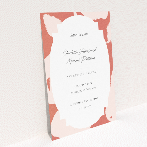Abstract Blooms Save the Date card - A6 portrait-orientated design with bold terracotta brushstrokes and organic white text area framed by expressive paint strokes. This is a view of the back
