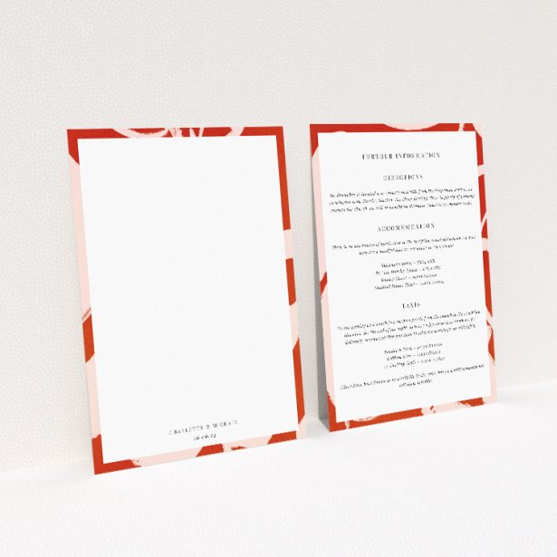"Abstract Blooms wedding information insert card featuring bold terracotta abstract florals, ideal for couples seeking avant-garde style and contemporary sophistication.". This image shows the front and back sides together