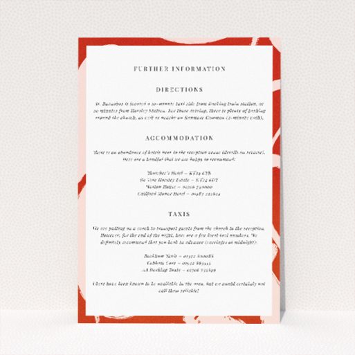 "Abstract Blooms wedding information insert card featuring bold terracotta abstract florals, ideal for couples seeking avant-garde style and contemporary sophistication.". This is a view of the front