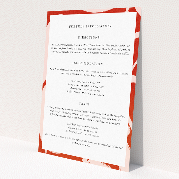 'Abstract Blooms wedding information insert card featuring bold terracotta abstract florals, ideal for couples seeking avant-garde style and contemporary sophistication.'. This is a view of the front