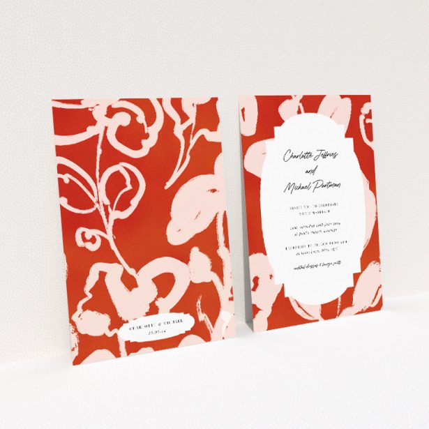 Abstract Blooms wedding invitation with bold brushstroke floral pattern in terracotta palette, offering a modern twist to the traditional floral theme This image shows the front and back sides together