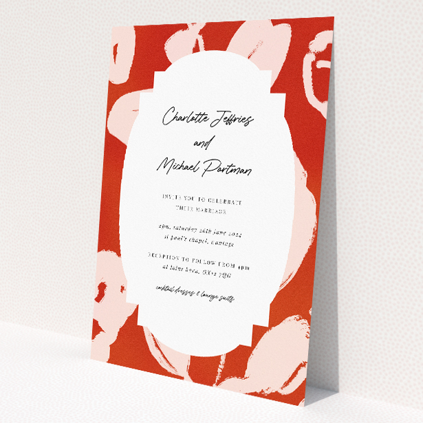 Abstract Blooms wedding invitation with bold brushstroke floral pattern in terracotta palette, offering a modern twist to the traditional floral theme This is a view of the front