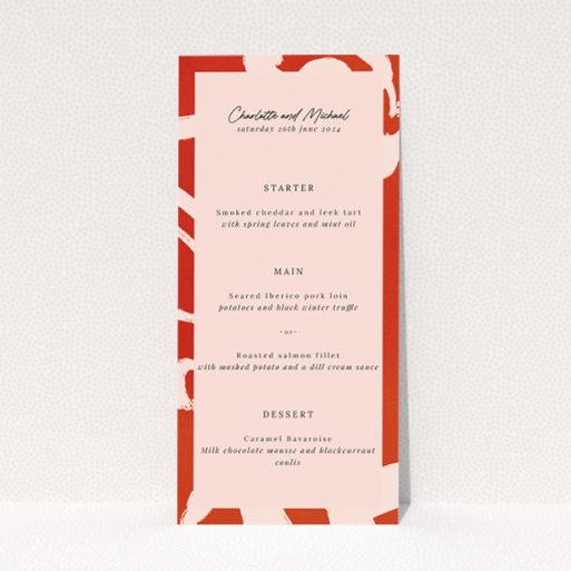 Abstract Blooms wedding menu template - Bold terracotta palette and abstract floral patterns for a modern twist on traditional themes. This is a view of the front