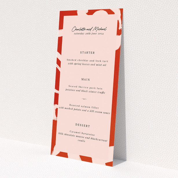 Abstract Blooms wedding menu template - Bold terracotta palette and abstract floral patterns for a modern twist on traditional themes. This is a view of the front