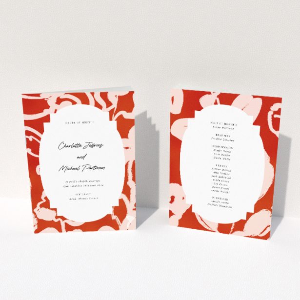 Abstract Blooms Wedding Order of Service A5 booklet featuring a bold coral floral pattern on a white background. This image shows the front and back sides together