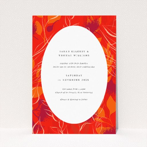 Abstract Florals Autumn Wedding Invitation A5 - Warm, fiery hues capture the essence of autumn in this elegant wedding invitation design framed by abstract flowers in shades of red, orange, and yellow This is a view of the front